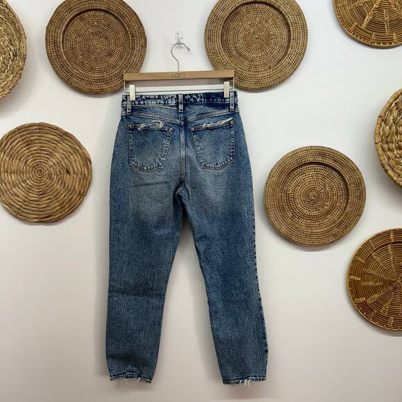 Abercrombie Blue Distressed Raw Edge The Mom High Rise Denim Jeans 27/4 - Picture 2 of 6